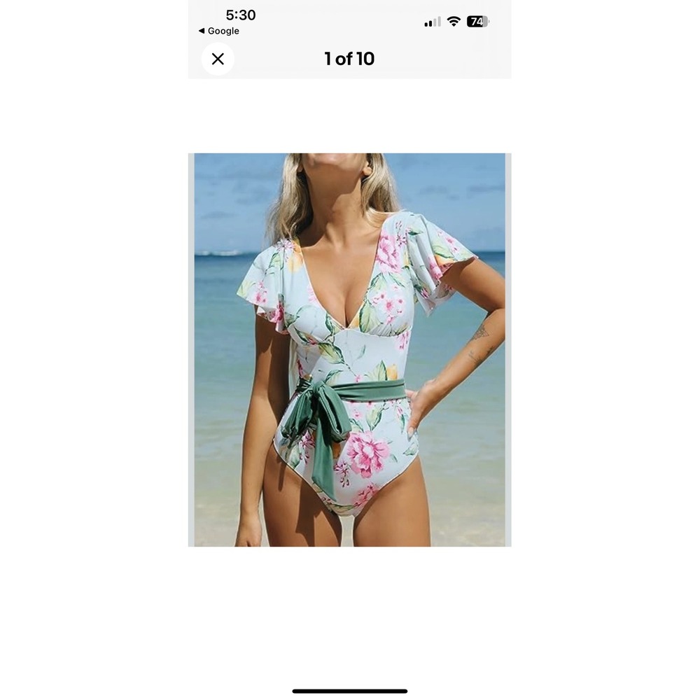 *NWT Cupshe Floral Teal Pink Yellow Lemon Green Tie Waist One Piece Swim Medium - Picture 4 of 5